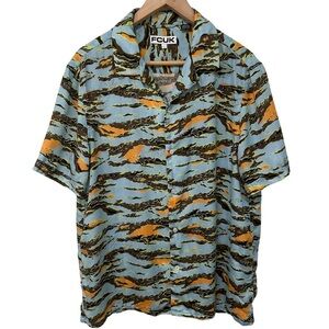 FRENCH CONNECTION Fcuk Camo Short Sleeve Lyocell Shirt Large Blue Orange Green